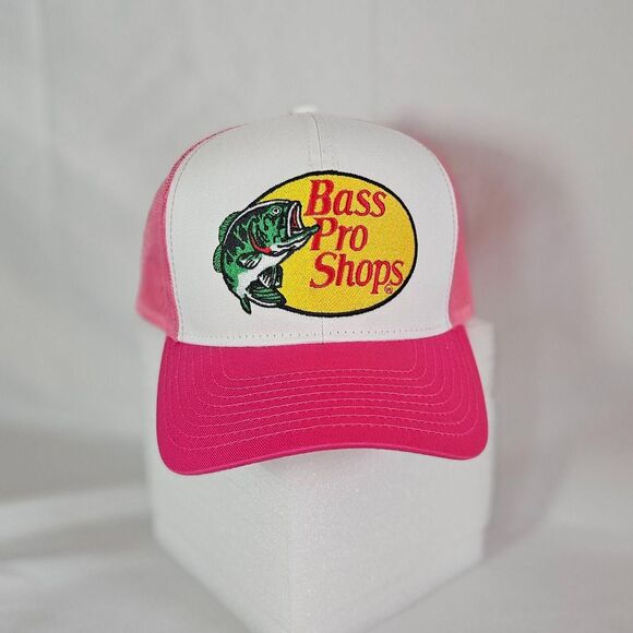 Bass Pro Shops Trucker Hat Pink White Mesh Snapback Gone Fishing Cap (Unisex) - Picture 1 of 6